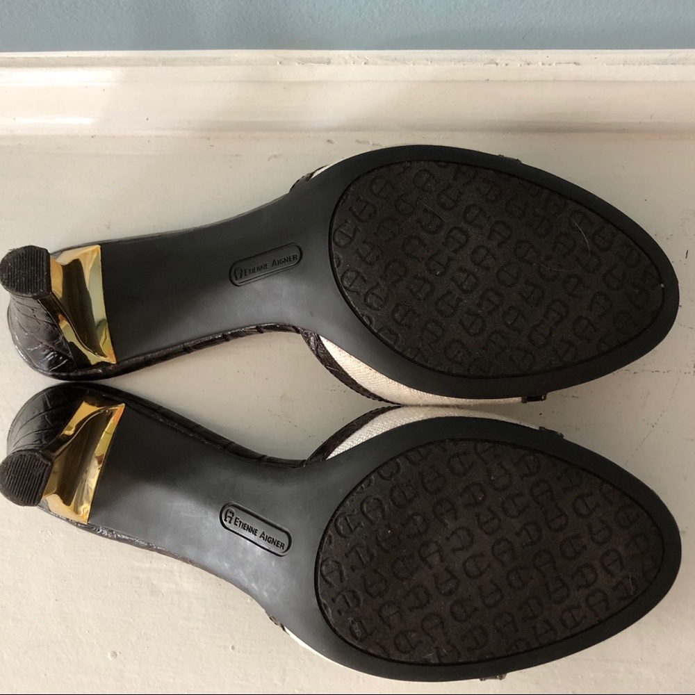 Etienne Aigner Leather & Linen Slides w/ Gold Trim - Picture 6 of 12